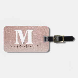 Modern Elegant Roos Goud Glitter Script Monogram Bagagelabel