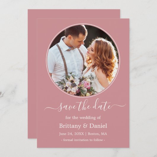 Modern Elegant Round Photo Lijst Dusty Roos Save The Date (Voorkant / Achterkant)