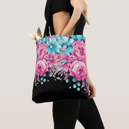 Modern Elegant Roze & Blauwgroen Bloemen Tas (Dichtbij)