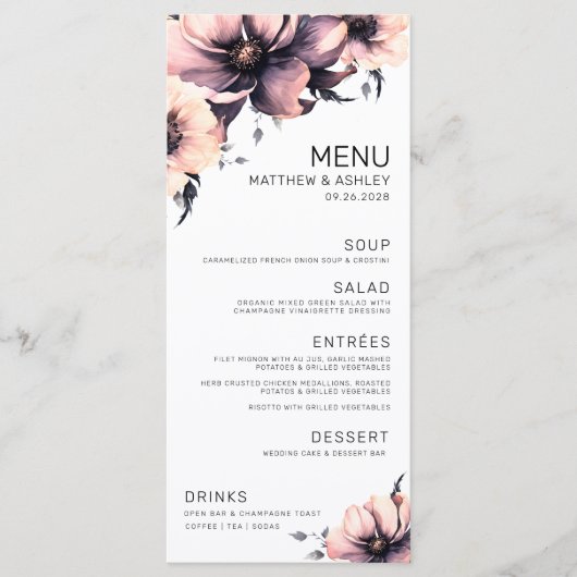 Modern Elegant Roze Bloemen Bruiloft Menu (Voorkant)