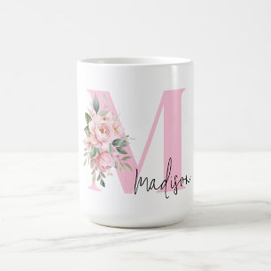 Modern Elegant Roze Bloemen Initiaal Naam Monogram Koffiemok