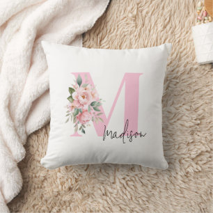 Modern Elegant Roze Bloemen Initiaal Naam Monogram Kussen