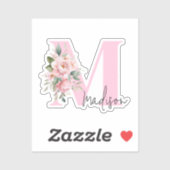 Modern Elegant Roze Bloemen Initiaal Naam Monogram Sticker (Vel)