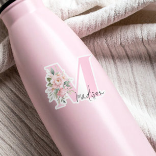 Modern Elegant Roze Bloemen Initiaal Naam Monogram Sticker