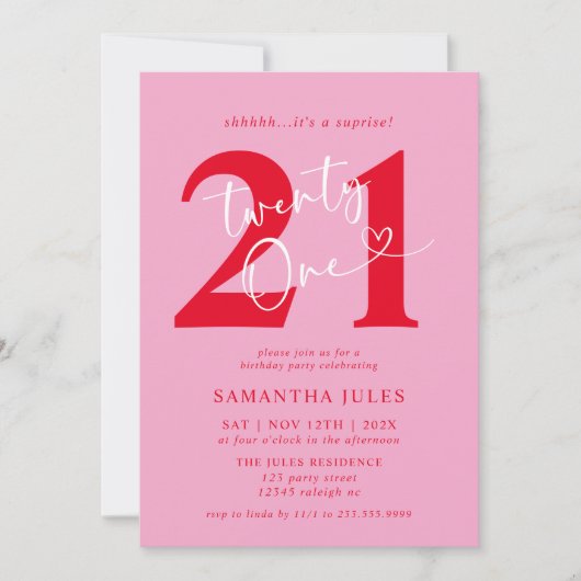 Modern Elegant Roze Rood 21ste Verjaardagsfeest Kaart (Voorkant)