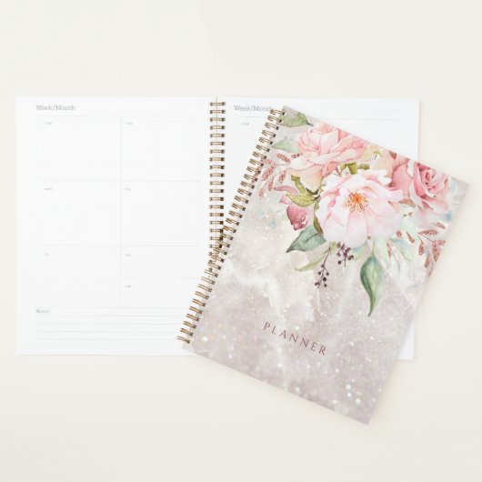 Modern Elegant Roze Roze Pioen Bloemen Marmer Planner (Display)