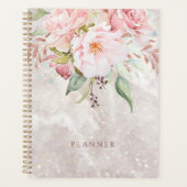 Modern Elegant Roze Roze Pioen Bloemen Marmer Planner (Voorkant)