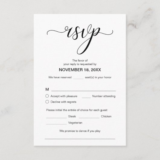 Modern Elegant RSVP, Black Font, reageren Informatiekaartje (Voorkant)