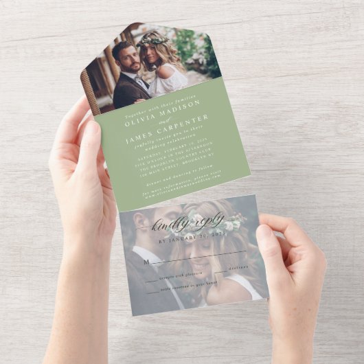 Modern Elegant Sage Green 2 Foto RSVP Wedding All In One Uitnodiging (Afscheurbaar)