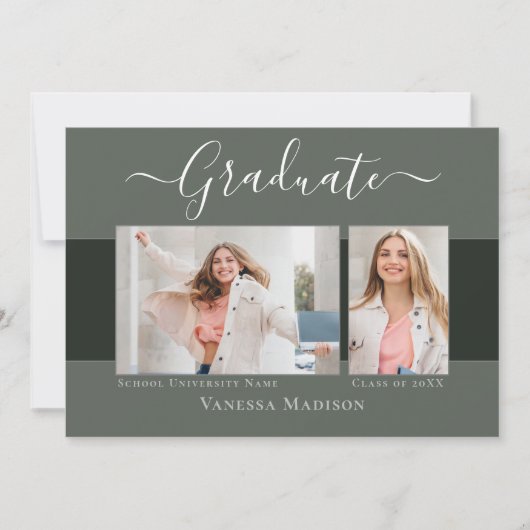 Modern | Elegant Sage Green 2 Photo Afstuderen Aankondiging (Voorkant)