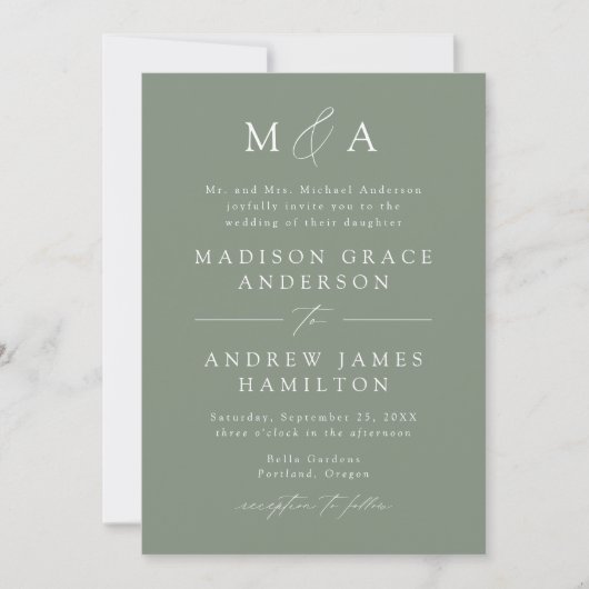 Modern Elegant Sage Green Monogram Weddenschap Kaart (Voorkant)