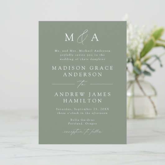Modern Elegant Sage Green Monogram Weddenschap Kaart (Staand voorkant)