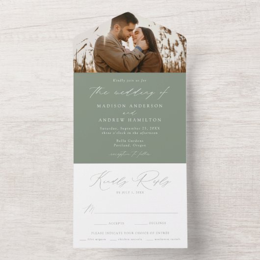 Modern Elegant Sage Green Photo Wedding All In One Uitnodiging (Binnen)