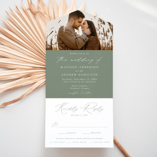 Modern Elegant Sage Green Photo Wedding All In One Uitnodiging