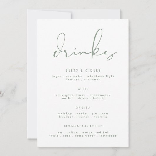 Modern Elegant Sage Groen Wit Bruiloft Drink Menu (Voorkant)
