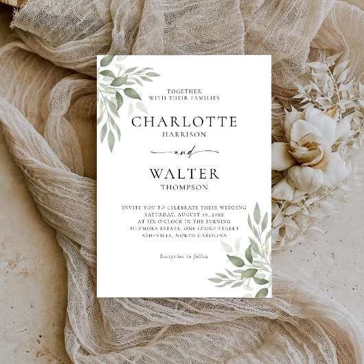Modern Elegant Sage Leaves Wedding Invitation
