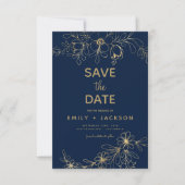 Modern Elegant Save the Date Navy Blauw Goud Bloem (Voorkant)