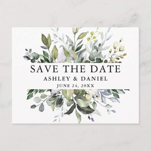 Modern Elegant Save the Date Waterverf Greenery Briefkaart (Voorkant)