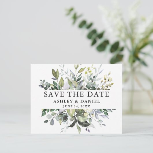Modern Elegant Save the Date Waterverf Greenery Briefkaart (Staand voorkant)