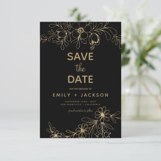 Modern Elegant Save the Date Zwart Goud Bloemen (Staand voorkant)