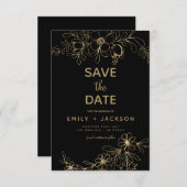 Modern Elegant Save the Date Zwart Goud Bloemen (Voorkant / Achterkant)