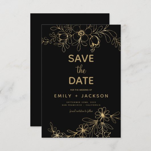 Modern Elegant Save the Date Zwart Goud Bloemen (Voorkant / Achterkant)