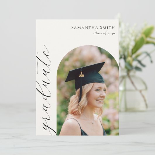 Modern Elegant Script Arch Photo Afstuderen Aankondiging (Staand voorkant)