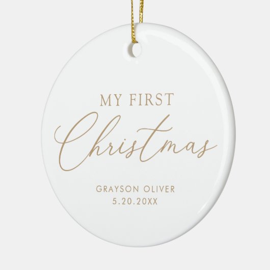 Modern Elegant Script Baby Eerste Kerstmis Keramisch Ornament (Links)