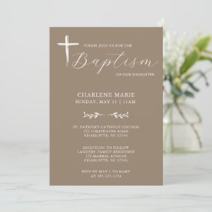 Modern Elegant Script Beige Baptism Uitnodiging