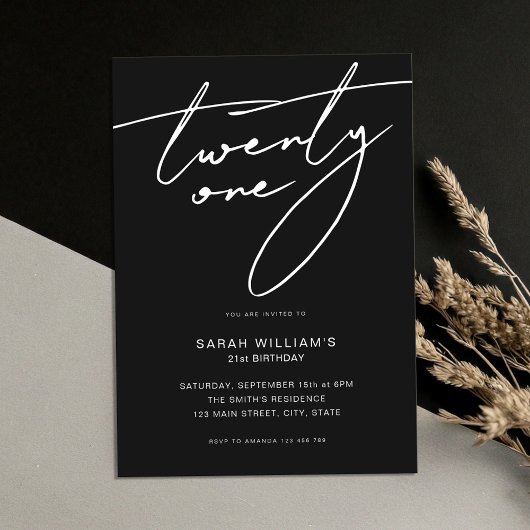 Modern Elegant Script Black 21st Birthday Party Kaart