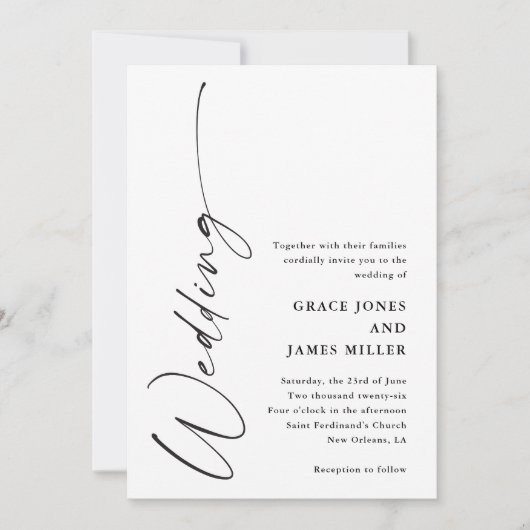 Modern Elegant Script Black and White Wedding Kaart (Voorkant)