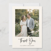 Modern Elegant Script Black Ivory Photo Wedding Bedankkaart (Voorkant)