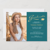 Modern elegant script Blauwgroen en goud | 2 Foto- Aankondiging (Voorkant)