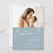 Modern Elegant Script Blue Boys Fotodoop Kaart (Voorkant)