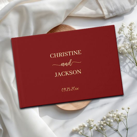 Modern Elegant Script Bourgogne Wedding Gold Gastenboek