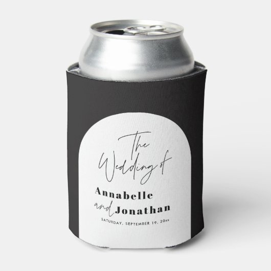 modern elegant script bruiloft met zwarte en witte blikjeskoeler (Blikje Voorkant)