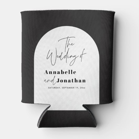 modern elegant script bruiloft met zwarte en witte blikjeskoeler (Voorkant)