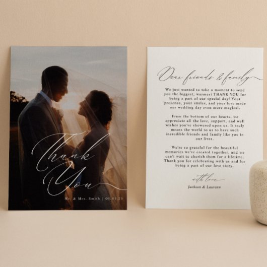 Modern Elegant Script Calligraphy Photo Wedding Bedankkaart