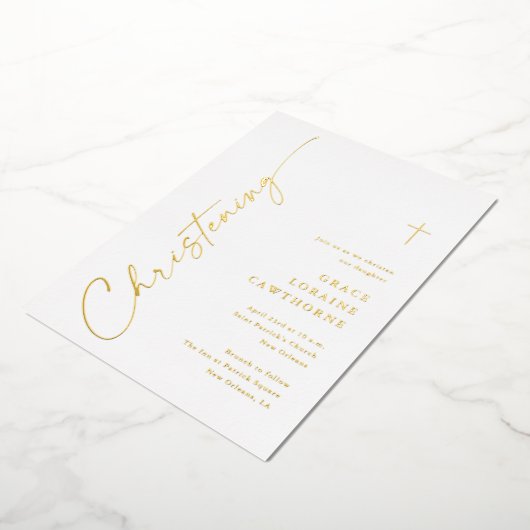 Modern Elegant Script Doopgoud Folie Uitnodiging (Gedraaid)