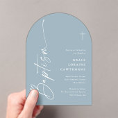 Modern Elegant Script Dusty Blue Boys Doop Acryl Uitnodigingen (Insitu (Draagbaar))