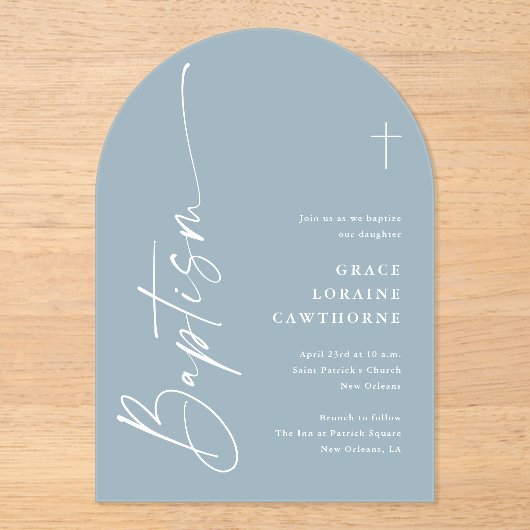 Modern Elegant Script Dusty Blue Boys Doop Acryl Uitnodigingen (Voorkant)