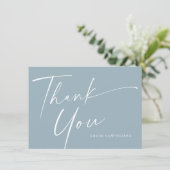 Modern Elegant Script Dusty Blue Boys Doop Bedankkaart (Staand voorkant)