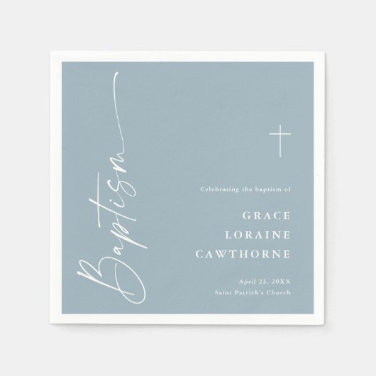 Modern Elegant Script Dusty Blue Boys Doop Servet (Voorkant)