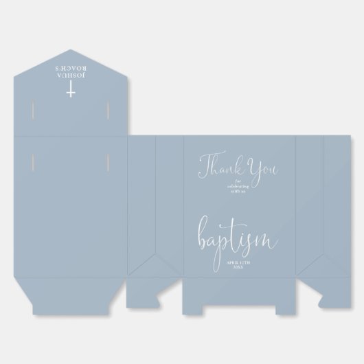 Modern Elegant Script Dusty Blue Doop Favoriet Box Bedankdoosjes (Ongevouwen)
