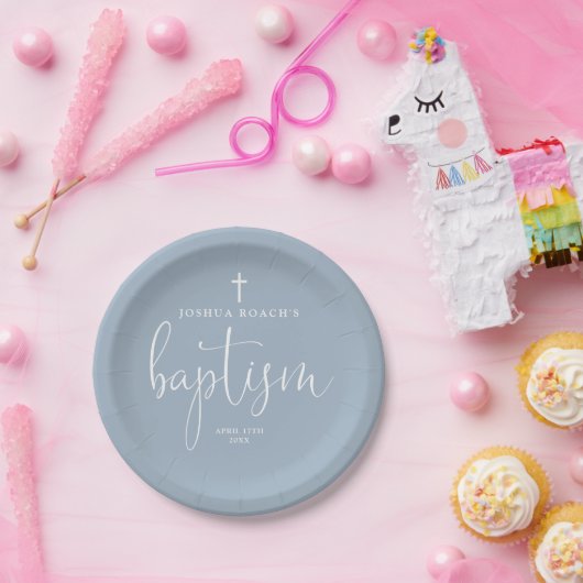 Modern Elegant Script Dusty Blue Doop Papieren Bordje (Feest)
