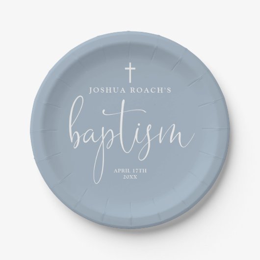 Modern Elegant Script Dusty Blue Doop Papieren Bordje (Voorkant)