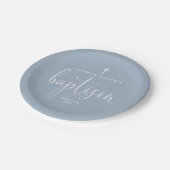 Modern Elegant Script Dusty Blue Doop Papieren Bordje (Gekanteld)