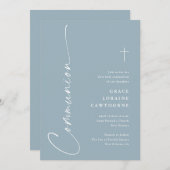 Modern Elegant Script Dusty Blue Eerste Communie Kaart (Voorkant / Achterkant)