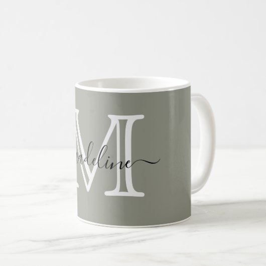 Modern Elegant Script Evergreen Fog Monogram Koffiemok (Voorkant rechts)