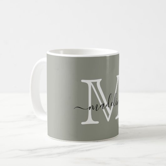 Modern Elegant Script Evergreen Fog Monogram Koffiemok (Voorkant links)